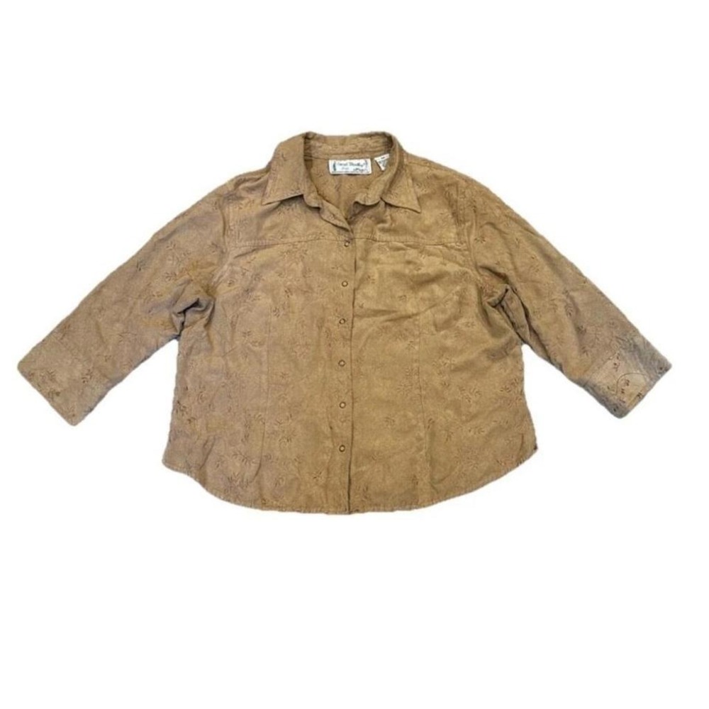 SARAH BENTLEY Women Shirt PM Tan Faux Suede Embroidered Leaf Button Down Petite